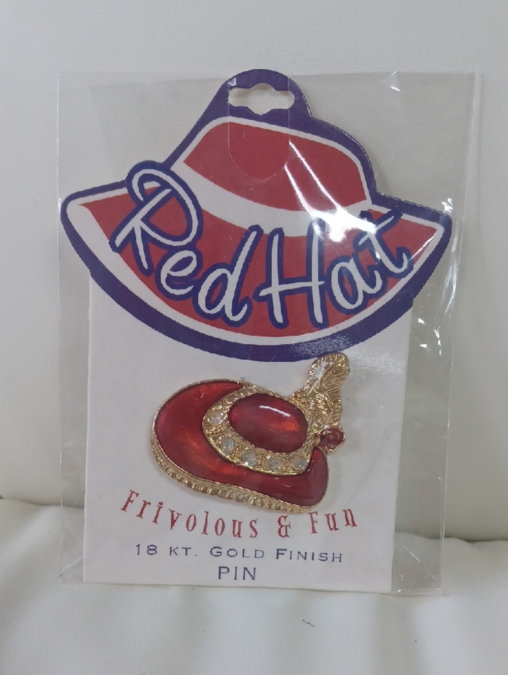 New In Pkg Red Hat Red Enamel Hat Pin With Feather & Rhinestones 18k Gold Finish